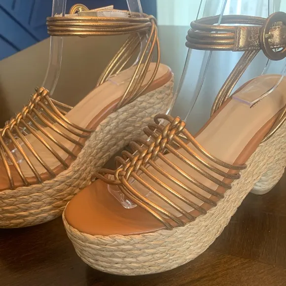 💫HP‼️💫 NIB ANTHROPOLOGIE Maeve Raffia Platform Heels in Bronze, Size 38 (US 7.5)