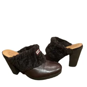 Hunter Brown Leather &amp; Brazilian Sheepskin Sherpa Heeled Mules Clogs Size 10