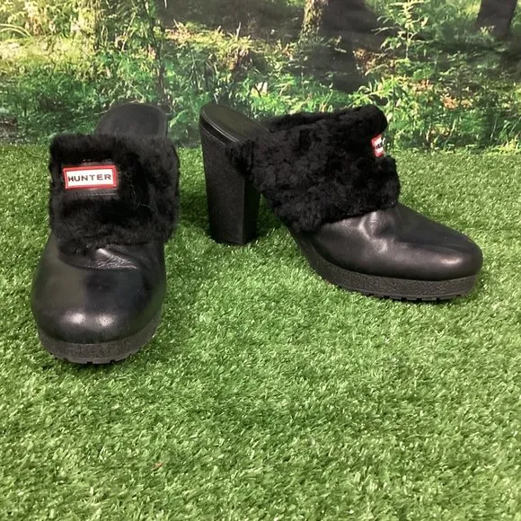 Hunter Bruson Black Shearling Heeled Clogs 9