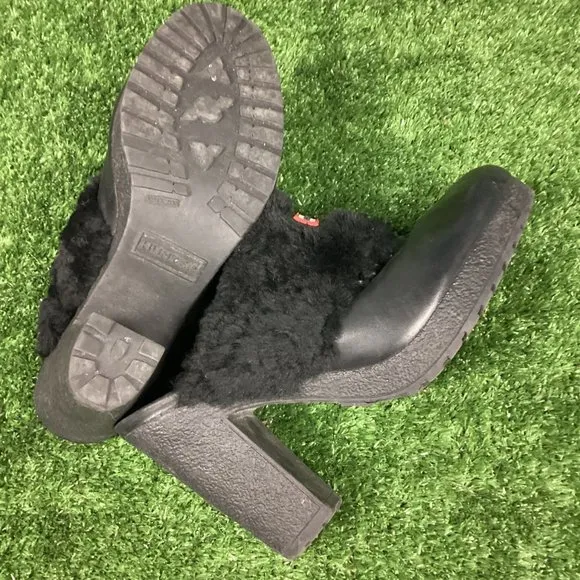 Hunter Bruson Black Shearling Heeled Clogs 9