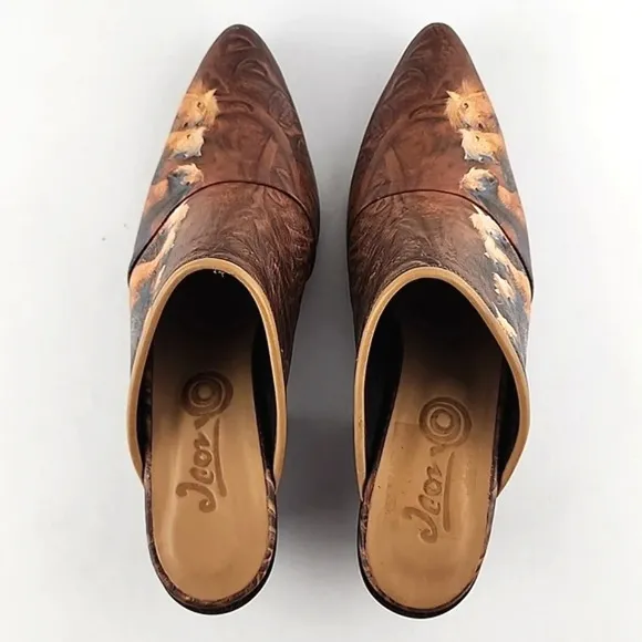 Icon Women's Leather Tan Wearable Art Western Horses Heeled Mules Shoes Size 7