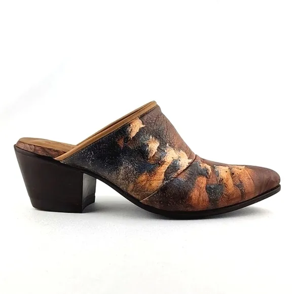 Icon Women's Leather Tan Wearable Art Western Horses Heeled Mules Shoes Size 7