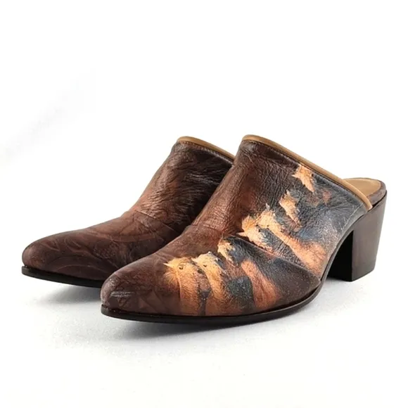 Icon Women's Leather Tan Wearable Art Western Horses Heeled Mules Shoes Size 7