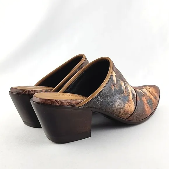 Icon Women's Leather Tan Wearable Art Western Horses Heeled Mules Shoes Size 7