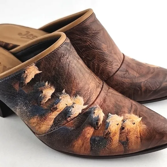 Icon Women's Leather Tan Wearable Art Western Horses Heeled Mules Shoes Size 7