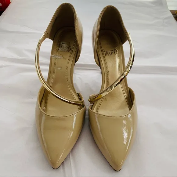 Impo Tracie Style Flesh Toned Gold Bar Strap Pointed Toe Heels Size 7.5