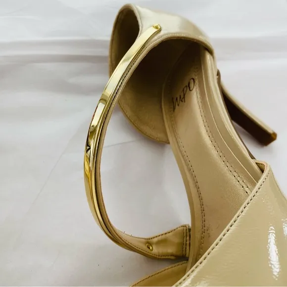 Impo Tracie Style Flesh Toned Gold Bar Strap Pointed Toe Heels Size 7.5