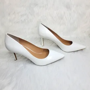 INC pointed toe white snakeskin patent leather heels.