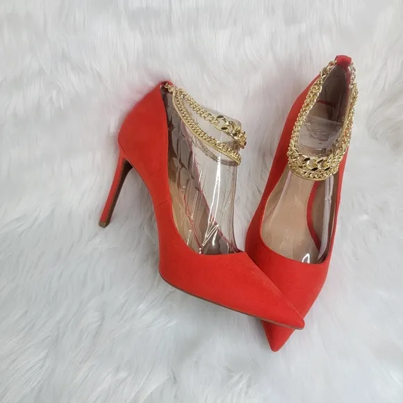INC red suede pointed toe stiletto heels gold ankle bracelet.