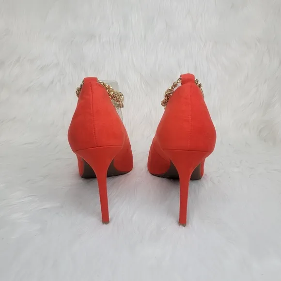 INC red suede pointed toe stiletto heels gold ankle bracelet.