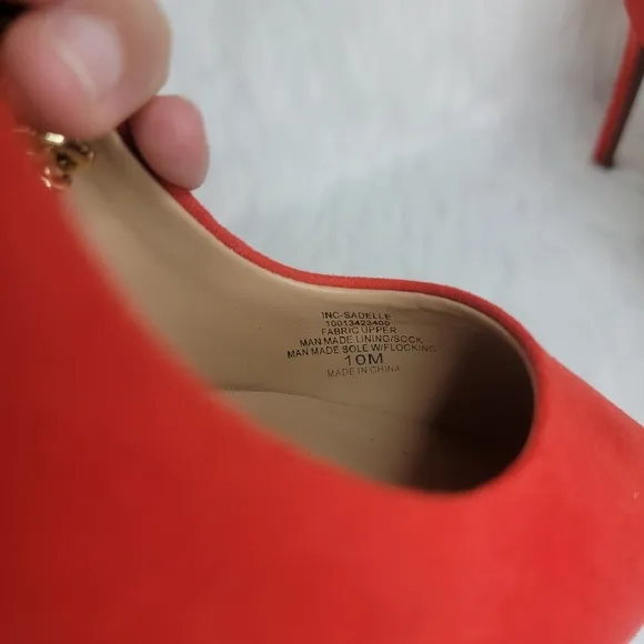 INC red suede pointed toe stiletto heels gold ankle bracelet.