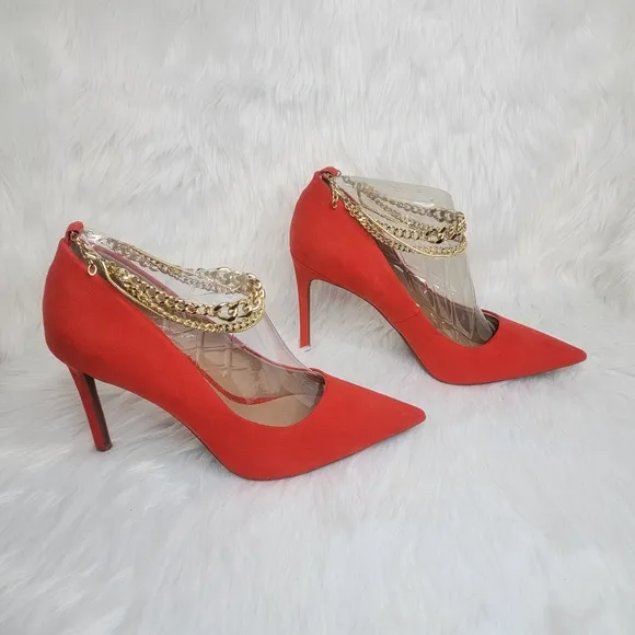 INC red suede pointed toe stiletto heels gold ankle bracelet.
