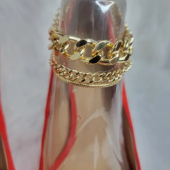 INC red suede pointed toe stiletto heels gold ankle bracelet.