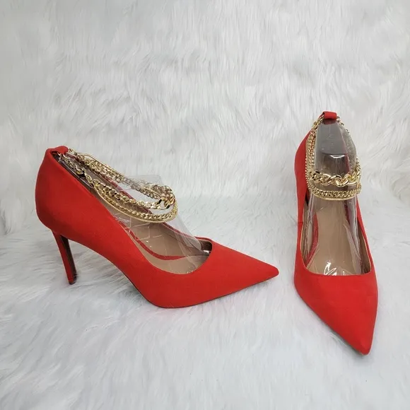 INC red suede pointed toe stiletto heels gold ankle bracelet.