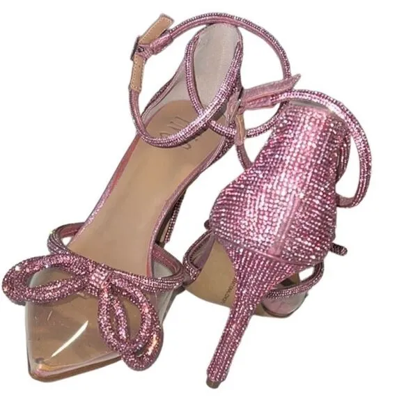 INC Rhinestone Laynea Pink Bow Double Ankle Strap Stiletto Heels Size 7