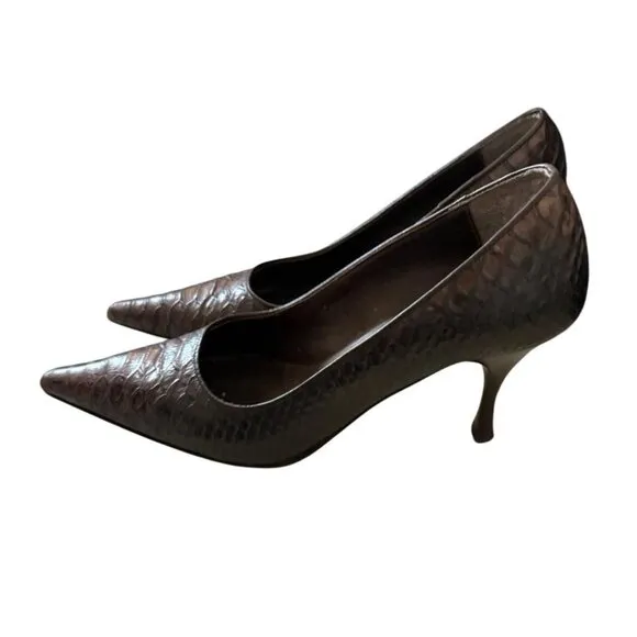 IRIS- ITALIAN LEATHER Brown Python - Pointed Toe Kitten Heels 👠 🤎