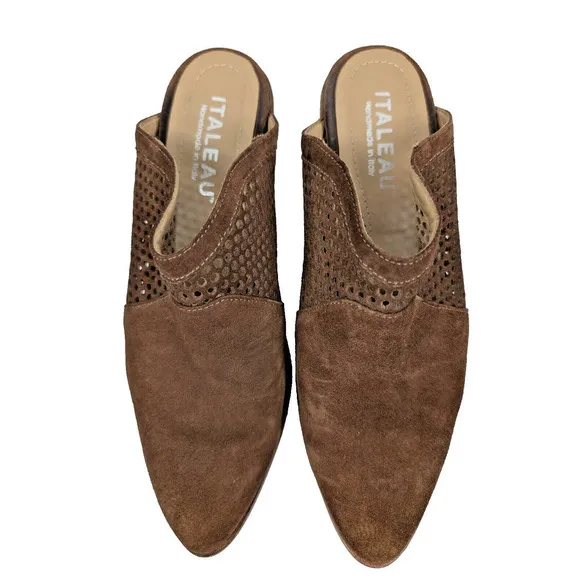 Italeau Made in Italy Perforated Brown Mules Suede Heels Shoes 9.5