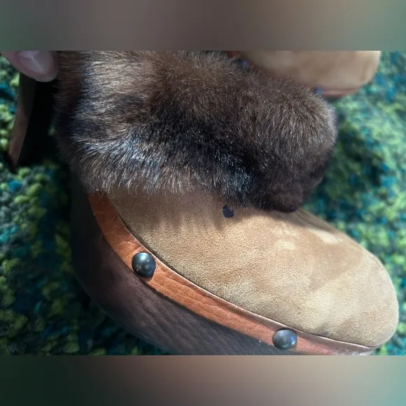 ITALOBALESTRI Fur and Suede Heeled Mules with Wooden Platform - Size 39 (US 8)