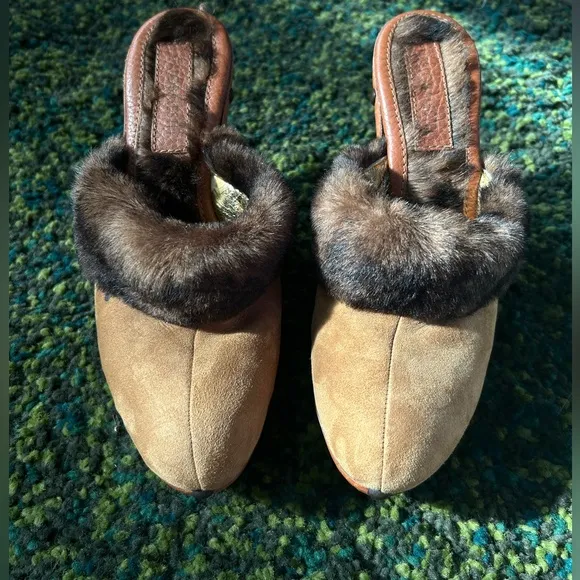 ITALOBALESTRI Fur and Suede Heeled Mules with Wooden Platform - Size 39 (US 8)