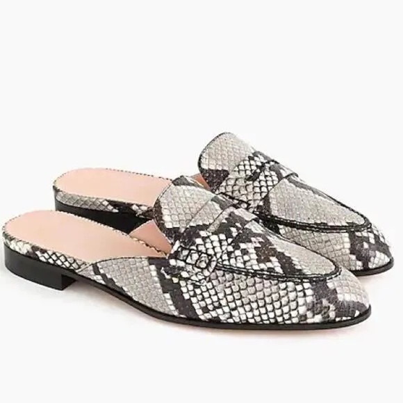 J Crew Academy Penny Loafer Mules in Snake Embossed Leather 6-1/2 EUC