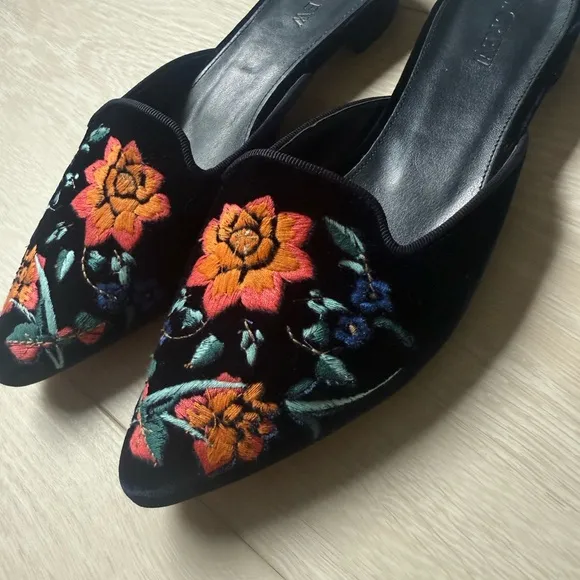 [J. Crew] Blue Orange Floral Embroidered Mules