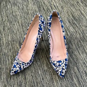 J. Crew Blue White Floral Heels Size 8.5 Made in Italy Old Money Preppy Coastal