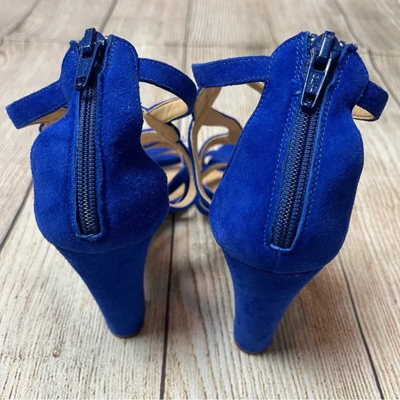 J Crew Geometric Strappy High Heel Sandals Blue Suede Made in Italy Sz 6