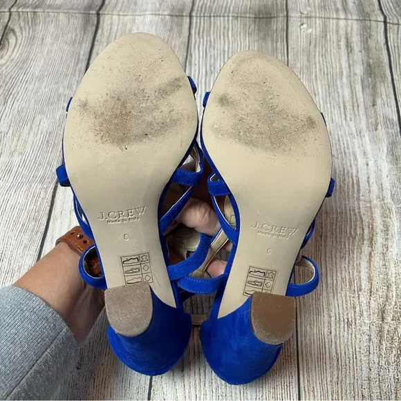 J Crew Geometric Strappy High Heel Sandals Blue Suede Made in Italy Sz 6