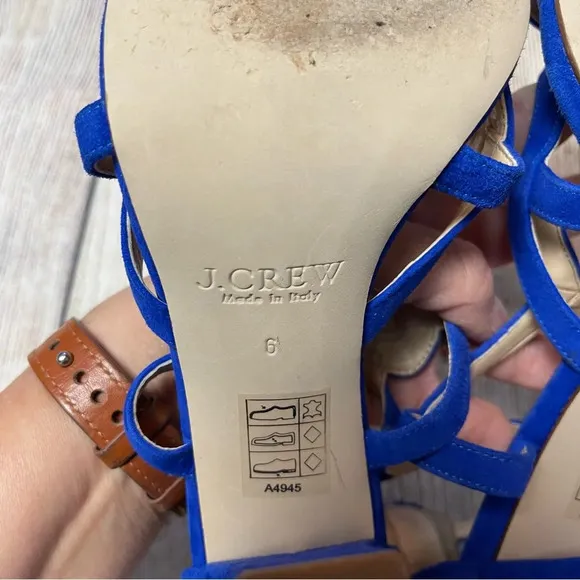 J Crew Geometric Strappy High Heel Sandals Blue Suede Made in Italy Sz 6