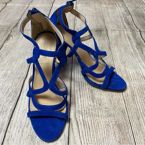 J Crew Geometric Strappy High Heel Sandals Blue Suede Made in Italy Sz 6