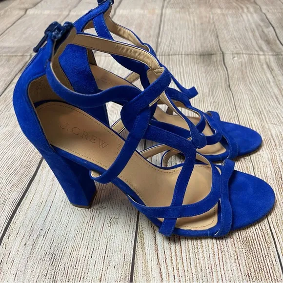 J Crew Geometric Strappy High Heel Sandals Blue Suede Made in Italy Sz 6