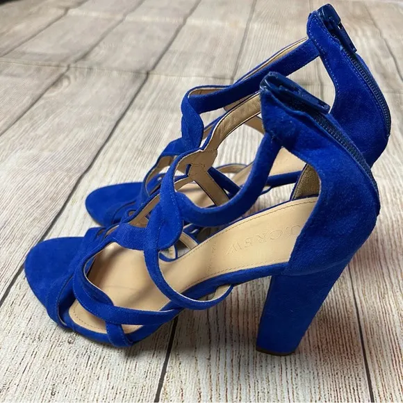 J Crew Geometric Strappy High Heel Sandals Blue Suede Made in Italy Sz 6