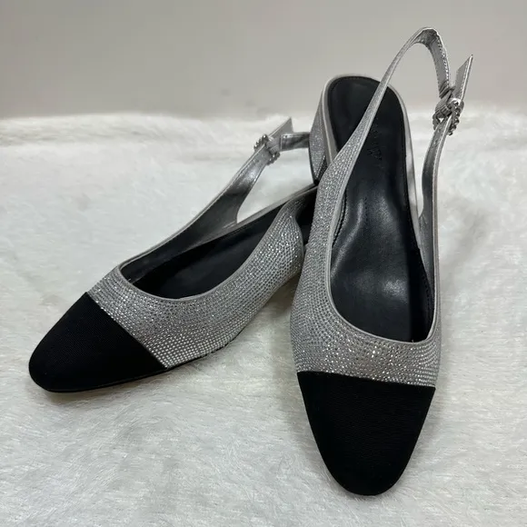 J. Crew Silver and Black Slingback Heels🤍