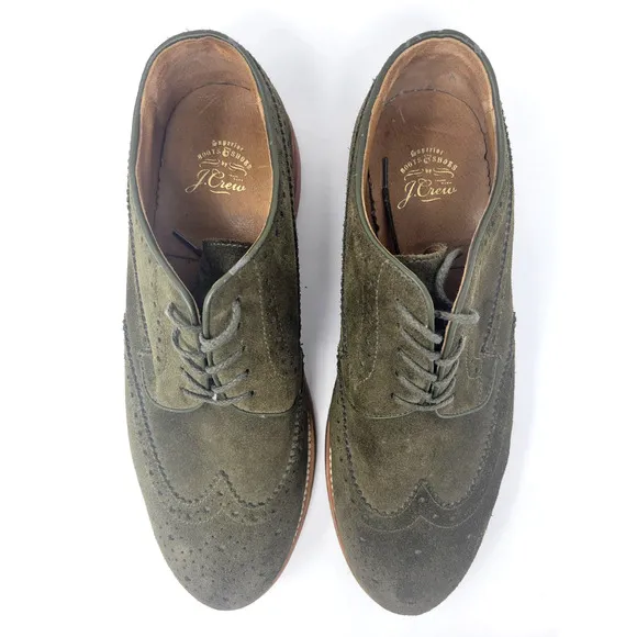 J Crew Wing Tip Suede Olive Oxfords - Men's Sz 9.5 Dress Shoes