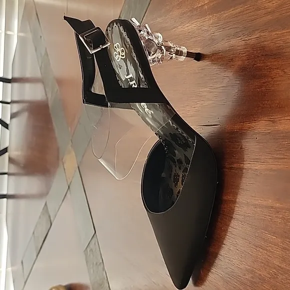 J. Renee FIIONA BLACK FAILLE/VINYL ANKLE STRAP HIGH HEELS W/ ICYCLE HEELS size11
