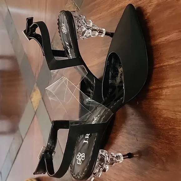 J. Renee FIIONA BLACK FAILLE/VINYL ANKLE STRAP HIGH HEELS W/ ICYCLE HEELS size11