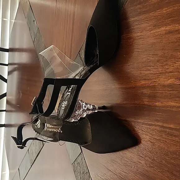 J. Renee FIIONA BLACK FAILLE/VINYL ANKLE STRAP HIGH HEELS W/ ICYCLE HEELS size11