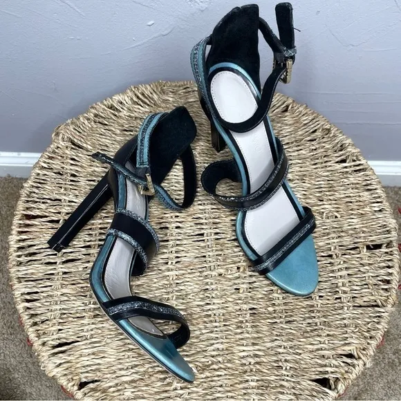 JASON WU Black Teal Snakeskin Leather Strappy Heels
