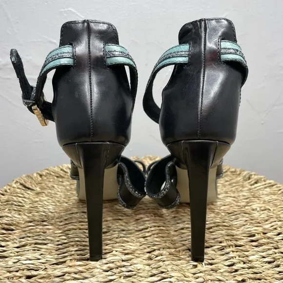 JASON WU Black Teal Snakeskin Leather Strappy Heels