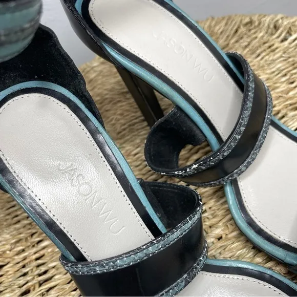 JASON WU Black Teal Snakeskin Leather Strappy Heels