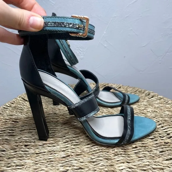 JASON WU Black Teal Snakeskin Leather Strappy Heels