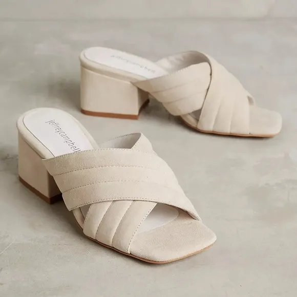 JEFFREY CAMPBELL Berdine Mules Size 7.5 Cream Suede Slip On Heel