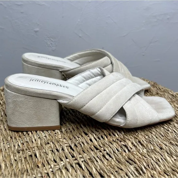 JEFFREY CAMPBELL Berdine Mules Size 7.5 Cream Suede Slip On Heel