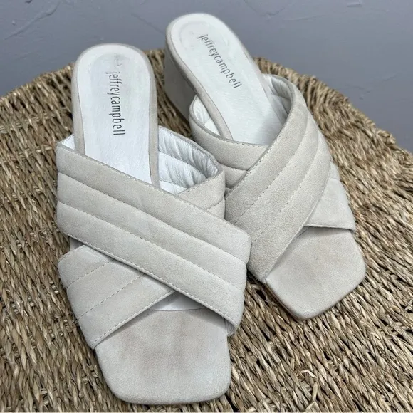 JEFFREY CAMPBELL Berdine Mules Size 7.5 Cream Suede Slip On Heel