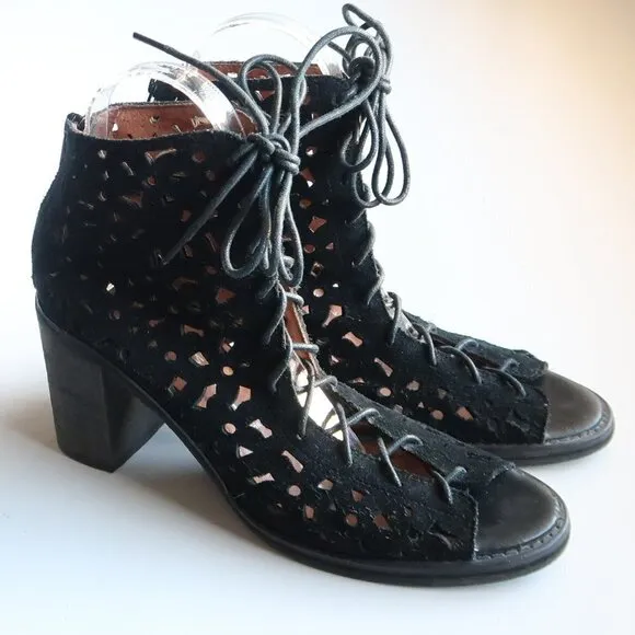 Jeffrey Campbell Black Suede Leather Block Heel Lace-up Sandals Bootie Shoes 8.5
