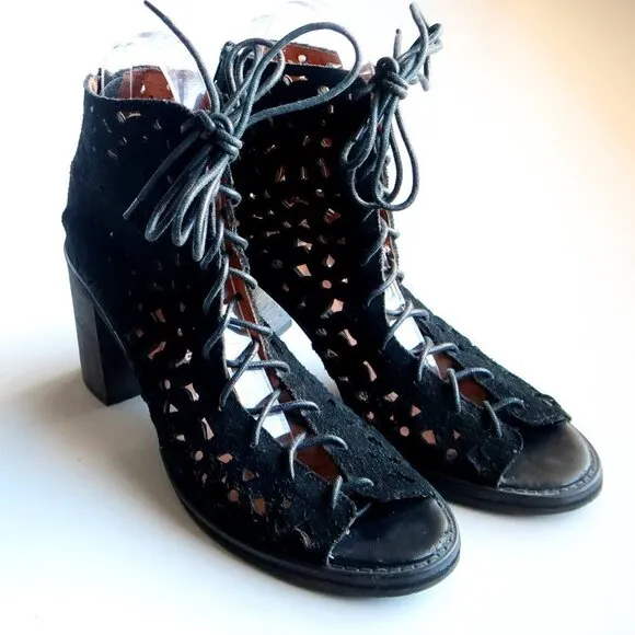 Jeffrey Campbell Black Suede Leather Block Heel Lace-up Sandals Bootie Shoes 8.5