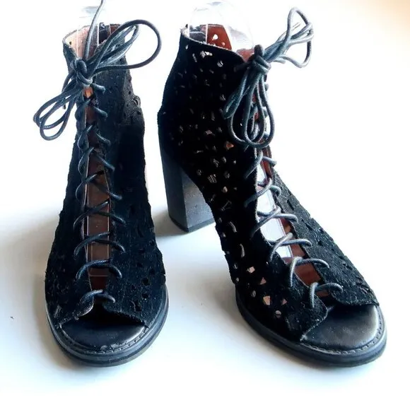 Jeffrey Campbell Black Suede Leather Block Heel Lace-up Sandals Bootie Shoes 8.5