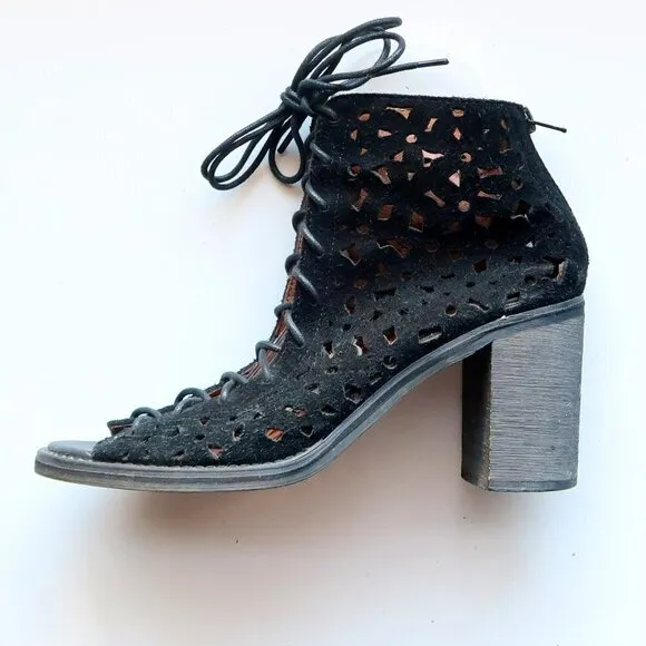 Jeffrey Campbell Black Suede Leather Block Heel Lace-up Sandals Bootie Shoes 8.5