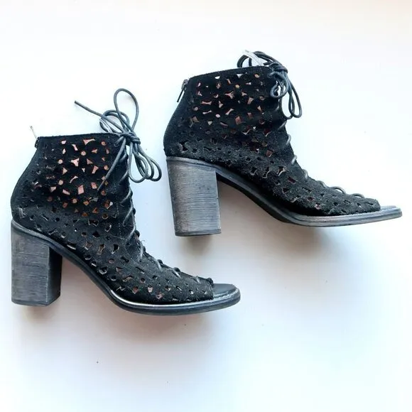 Jeffrey Campbell Black Suede Leather Block Heel Lace-up Sandals Bootie Shoes 8.5