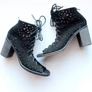 Jeffrey Campbell Black Suede Leather Block Heel Lace-up Sandals Bootie Shoes 8.5